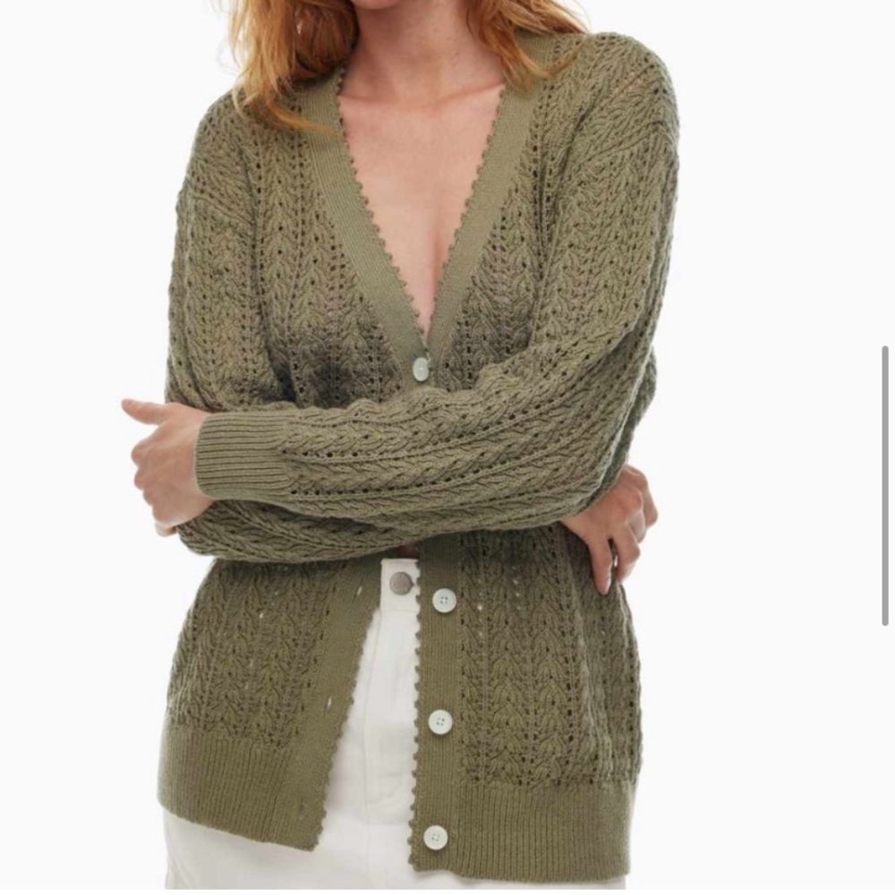 WIFRED | ARITZIA Reverence Cardigan Sweater Crochet Knit Open Weave Sage Green S